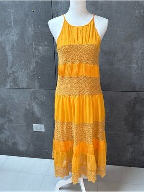 HD in Paris Golden Yellow Lace & Pleated Tiered Midi Dress
